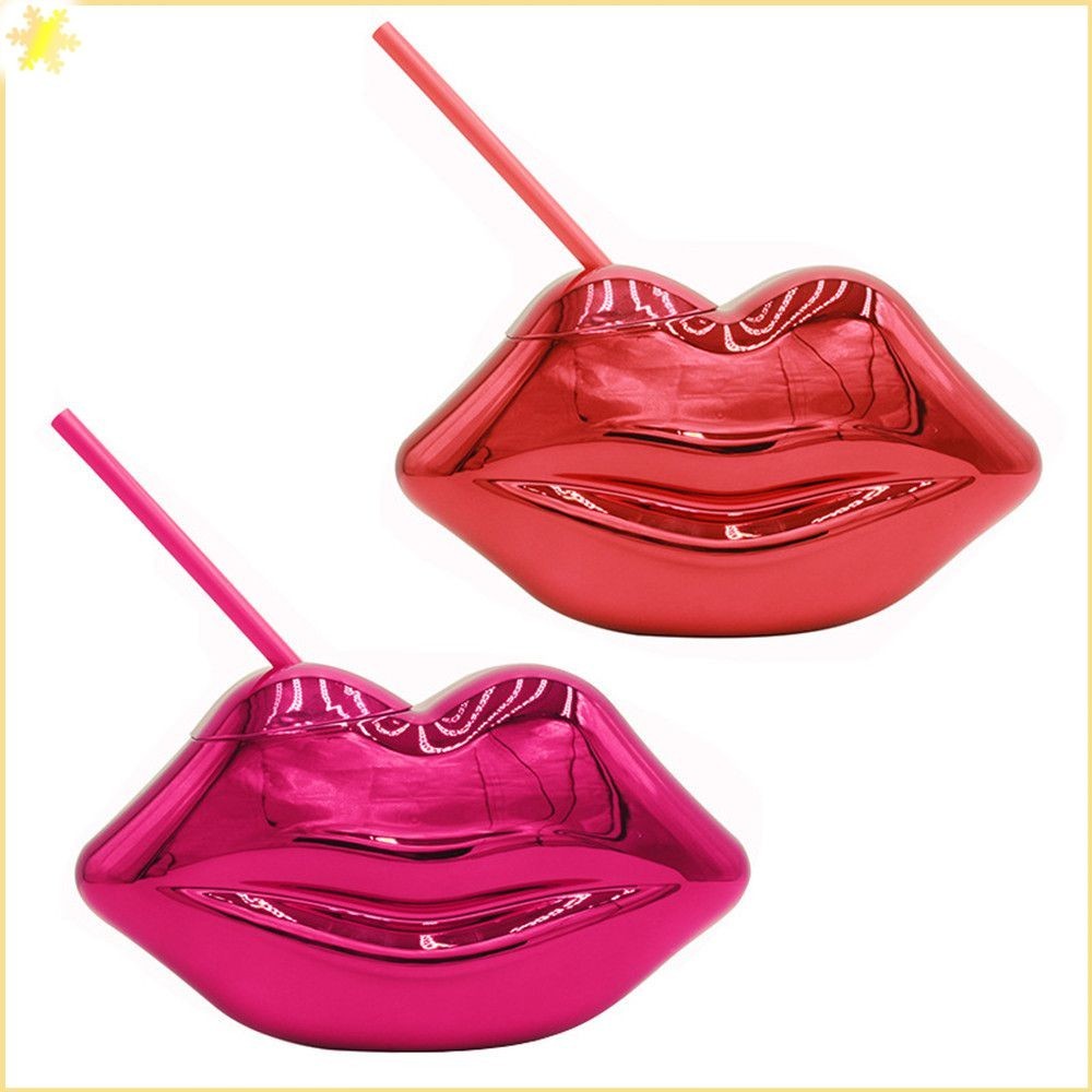 [LBE] Creative Barbie Red Lip Shape Water Cup Mirror Plating Plastic Fashion Retro Mug With Straw