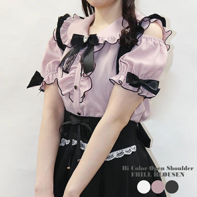 F & X Lolita เสื้อ sc ญี่ปุ่นหวานน่ารัก Mine เสื้อ Off-the-Shoulder Mass Production Top เสื้อแขนสั้น
