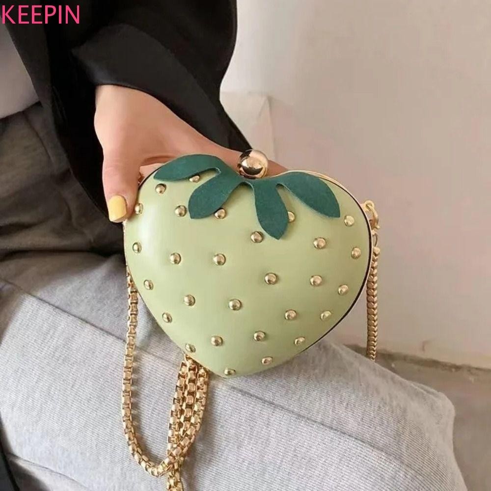 Keepin กระเป๋าสะพายโซ่สตรอเบอร์รี่, กระเป๋ารูปหัวใจหมุดหนัง Pu, กระเป๋าน่ารักกระเป๋าถือผลไม้กระเป๋าสะพายข้างนักเรียน