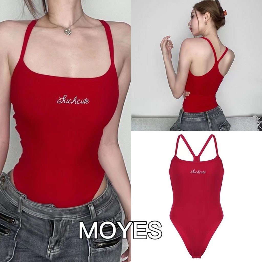 MOYES จั๊มสูทขายาวปักตัวอักษรสไตล์สาวสตรีทสุดฮอตสำหรับผู้หญิง เสื้อเว้าหลังทรงเพรียวสีตัดกัน