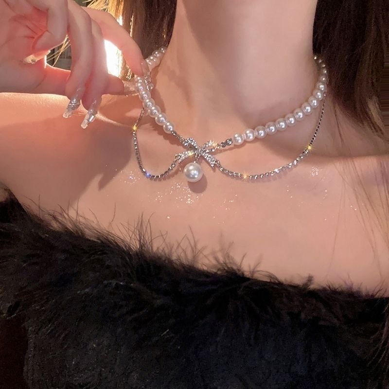 1 ชิ้น Super Fairy Bling Bowknot Pearl สร้อยคอหัวใจ Clavicle Chain
