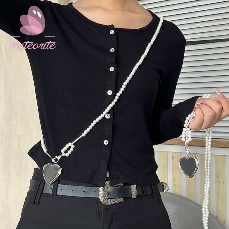 Ins Pearl รูปหัวใจจี ้ Crossbody Strap - บุคลิกภาพผู ้ หญิงสาวรูปหัวใจกระจกตกแต ่ งโซ ่