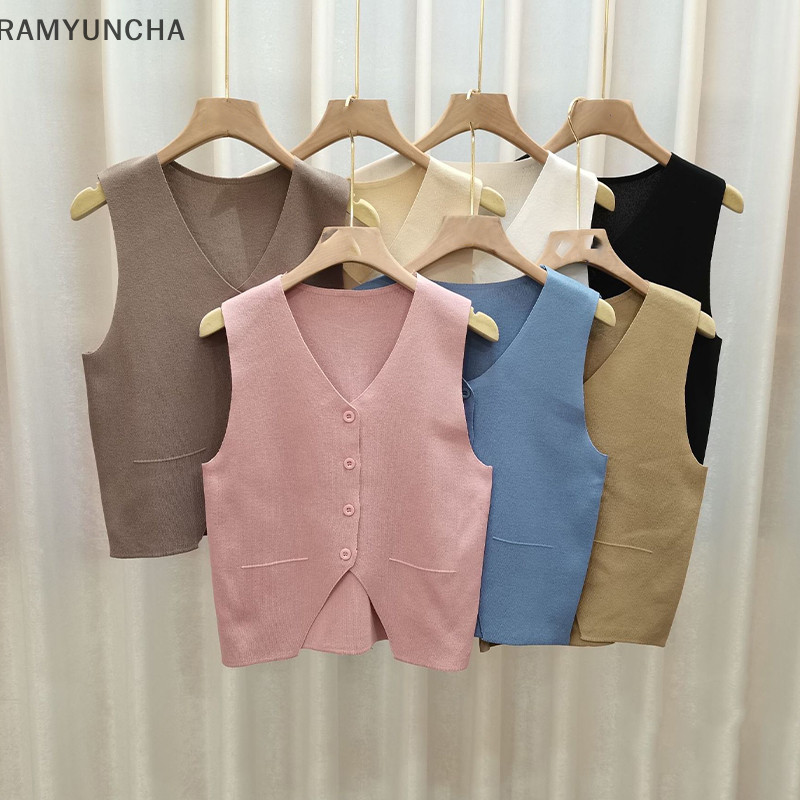 Ram ผู้หญิง Chic V คอถักเสื้อกั๊ก Causal สั้นเสื้อกั๊กแขนกุด Tops Retro เสื้อยืดสีทึบ OTC