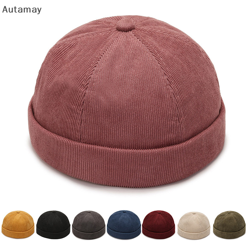 Autamay Brimless หมวก Hip Hop หมวกปรับหัวเข็มขัด Street Casual แบบพกพาหมวกแฟชั่นผู้ชายผ้าฝ้าย Brimless หมวก Vintage โดมหมวก Docker หมวกใหม่
