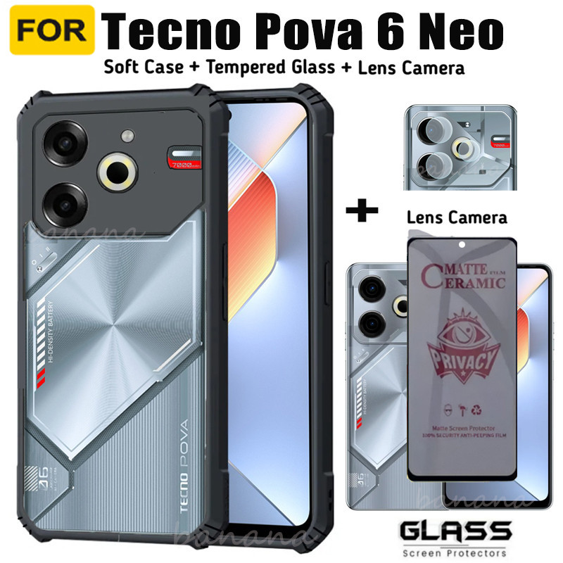 สําหรับ Tecno Pova 6 Neo เคสโทรศัพท์ Tecno Pova 6 5 4 Pro 3 2 Pova Neo 2 3 Camon 30 20 Pro 18 18P Anti-peeping กระจกนิรภัยป้องกันหน้าจอ 3 ใน 1