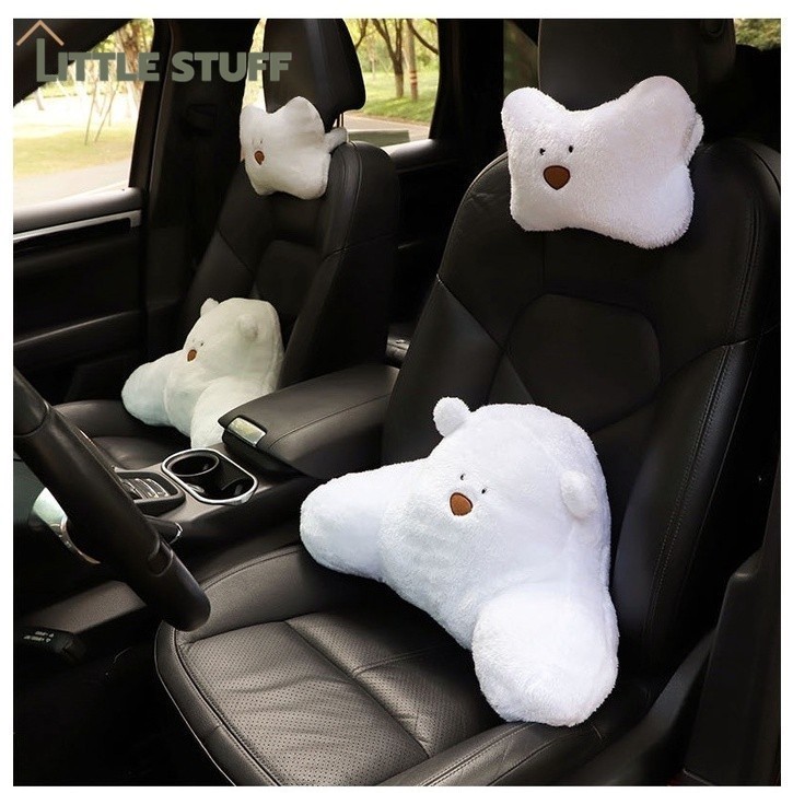 ที่พิงหลัง หมอนพิงหลังในรถ หมอนรองคอ สำหรับรถยนต์ ลายหมี 2 สี สีขาว น้ำตาล