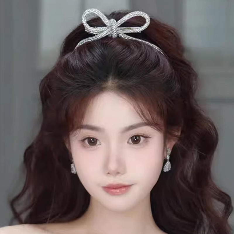 เงายืดหยุ่น Rhinestone Bow Hairpins ผู้หญิงสาวน่ารัก Bowknot กิ๊บติดผม