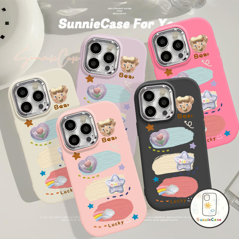 การ์ตูนหมีน่ารักลายดาวสีรุ้ง เคสIPhone 11 12 15 13 14 Pro Max 7Plus เคสไอโฟน XR 7 8 Plus X XS Max SE แฟชั่น เคส