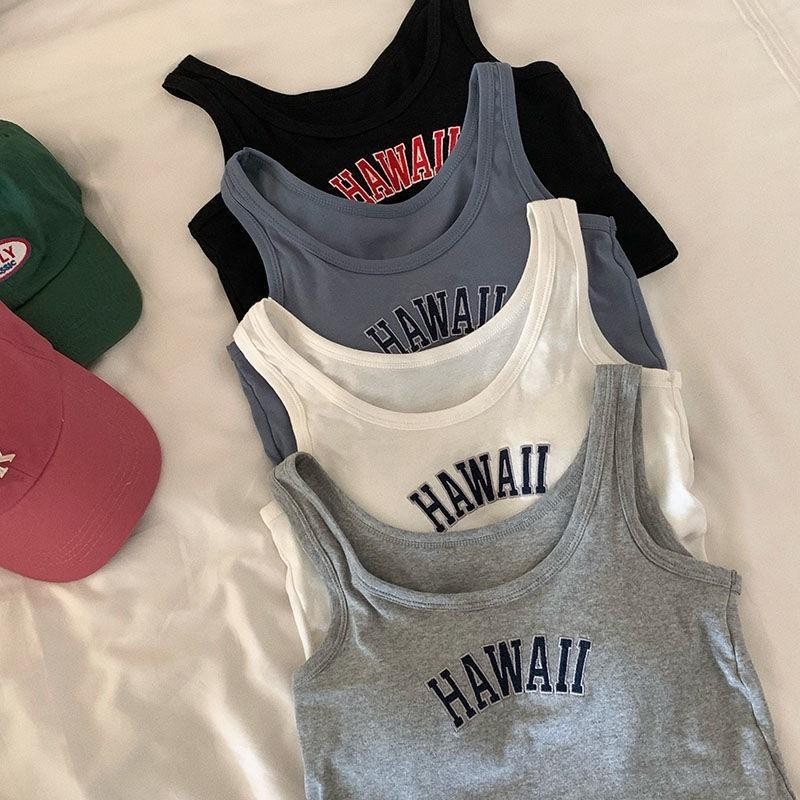 เสื้อกล้าม เสื้อสายเดี่ยว ทรงสปอร์ต ใส่ชิวๆ ผ้าปักลายอักษรอังกฤษ