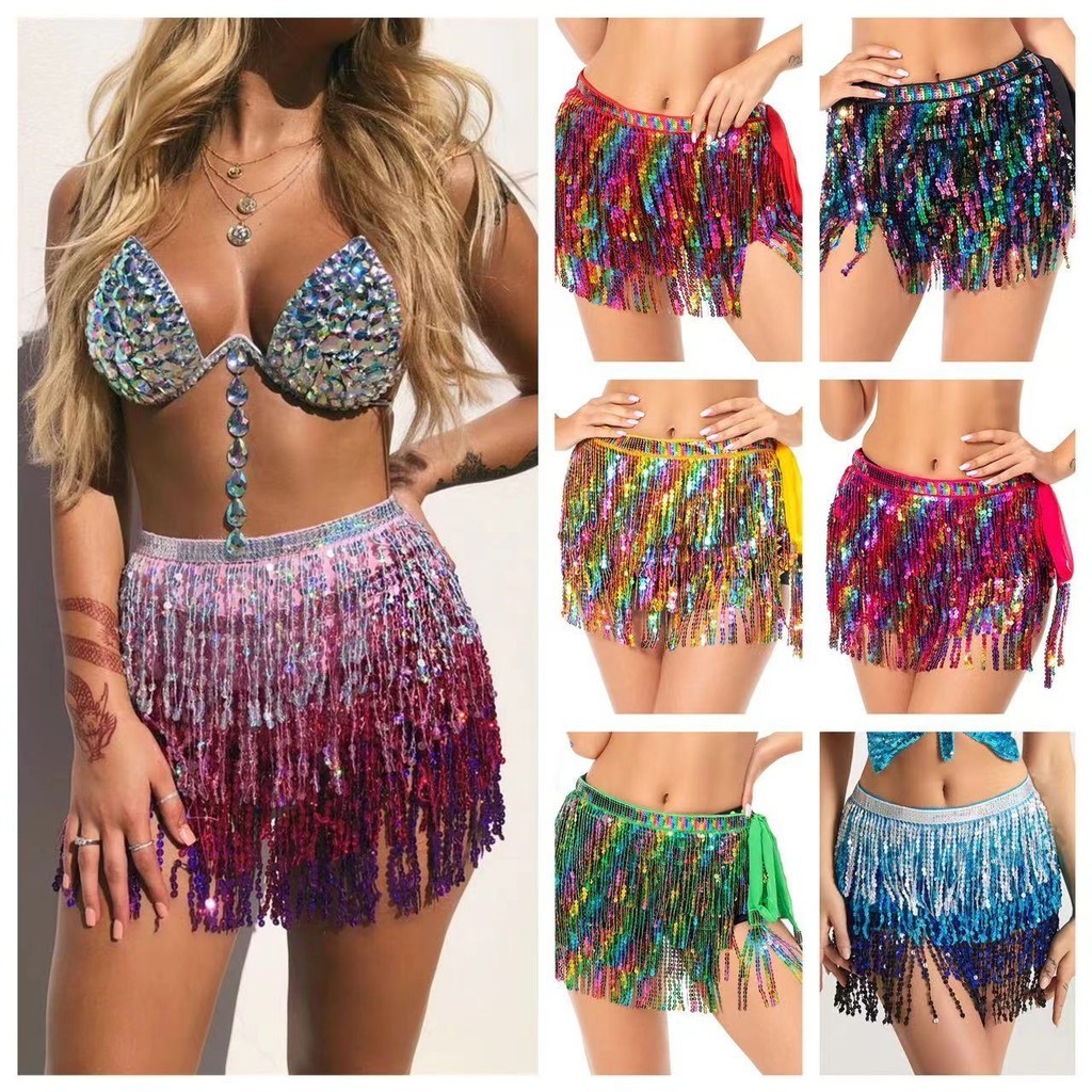 Belly Dance Skirt Hip Wrap กระโปรงขอบเลื่อม ผ้าพันเอวเลื่อม Bohemian lace-up กระโปรงเต้นรําเลื่อม
