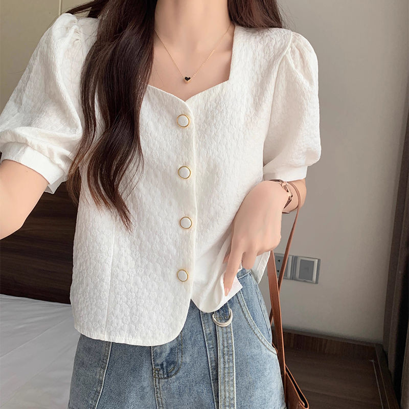 🌸Breeze🌸 สแควร์คอฟองแขนเกาหลีรุ่นใหม่หลวมเสื้อสุภาพสตรีเสื้อยืดด้านบน🌸S-2XL