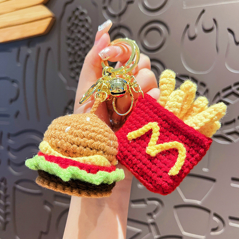 Original Plush โครเชต์พวงกุญแจ Plush Burger French Fries พวงกุญแจขนสัตว์ขาไก่พวงกุญแจรถจี้กระเป๋านักเรียนจี้ของขวัญวันหยุด