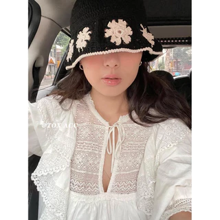 เกาหลี Niche Designer สไตล์ผ้าลินินด้ายฝ้ายสด Hand-Knitted Bucket Hat Hollow ถัก