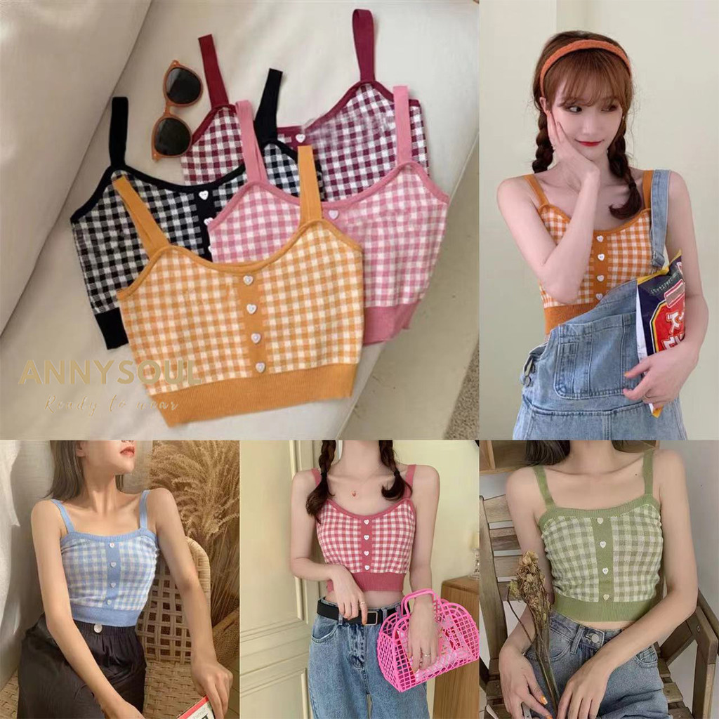 พร้อมส่งแบบใหม่ล่าสุดสำหรับสาวๆสไตล์เกาหลี เสื้อสายเดี่ยวสุดน่ารัก ลายตาราง พร้อมส่ง 2024