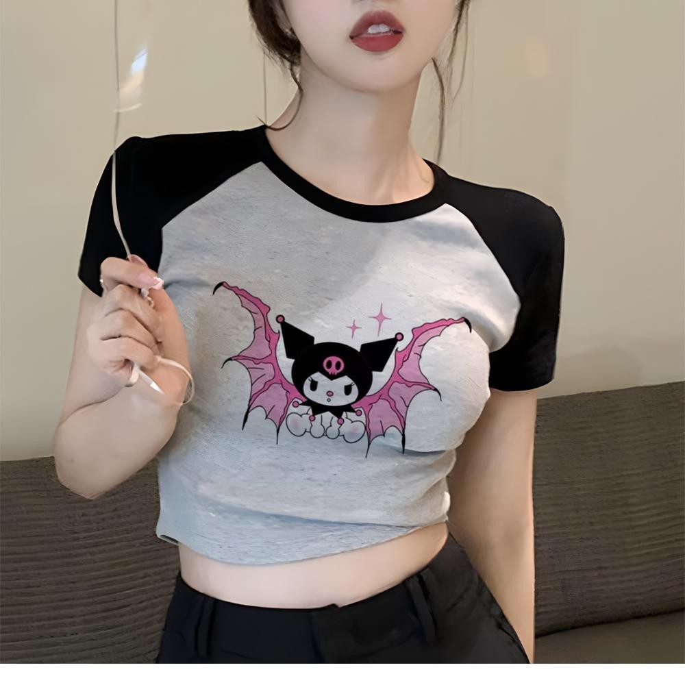 Kawi kuromi cyber y2k hippie goth เสื้อครอปหญิง cyber y2k gothic Harajuku เสื้อยืดทิ้ง