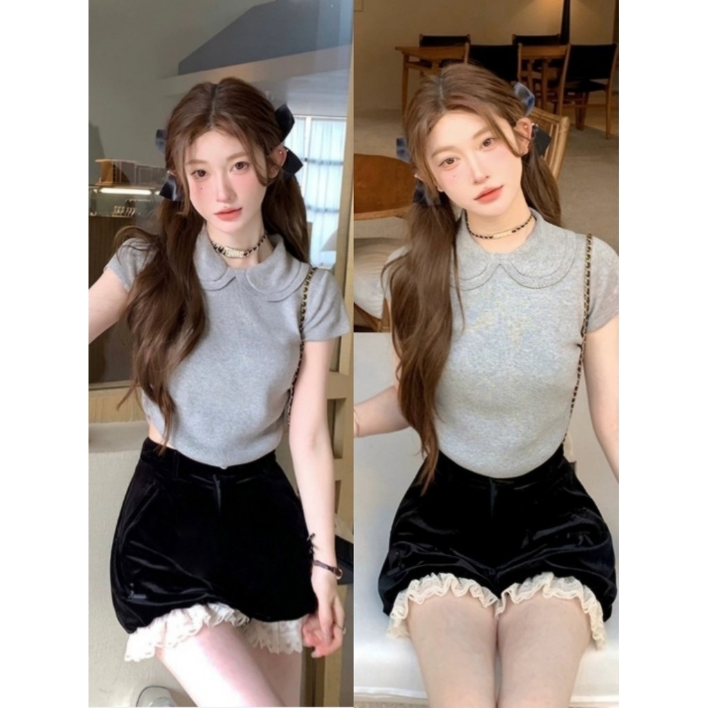 Glassy Sky 💖พร้อมส่ง💖 เสื้อยืดผู้หญิง เสื้อยืดครอปแขนสั้น คอปก มีสองแบบ มีสกีนH29/H29-1