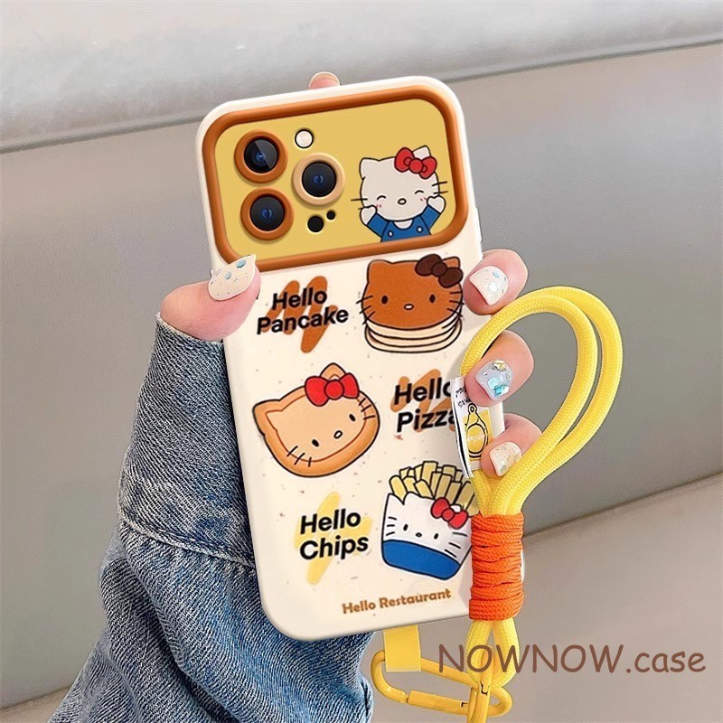 สําหรับiphone 15 14 13 12 11 Pro MAX X XR XS MAX 7 8 Plus SE 2020 สนุกKittyเค้กและทอดโทรศัพท์หน้าต่างขนาดใหญ่กรณีนุ่มพร้อมสายแขวนสายรัดข้อมือ