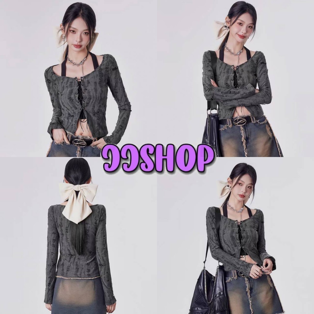 JJ Shop​ ​พร้อมส่ง เซ็ต คล้องคอ+เสื้อไหมพรมแขนยาว ดีเทล ร้อยเชือกเก๋ สีเทาอ่อนๆ คาวาอี้ "60175"