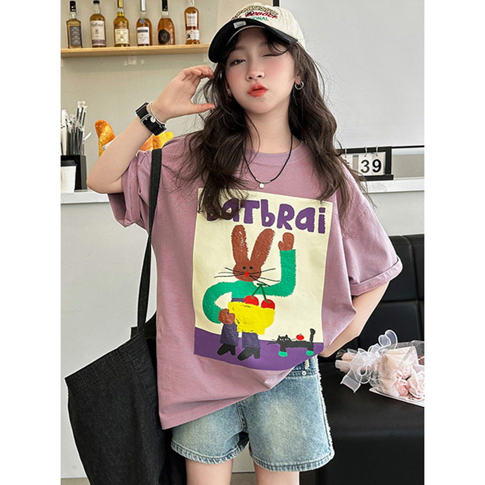 （Tiger Kids T-shirt) ชุดลําลองเด็กผู้หญิง แฟชั่นการ์ตูนพิมพ์ สไตล์เกาหลี ขนาดกลางและขนาดใหญ่ แขนสั้น