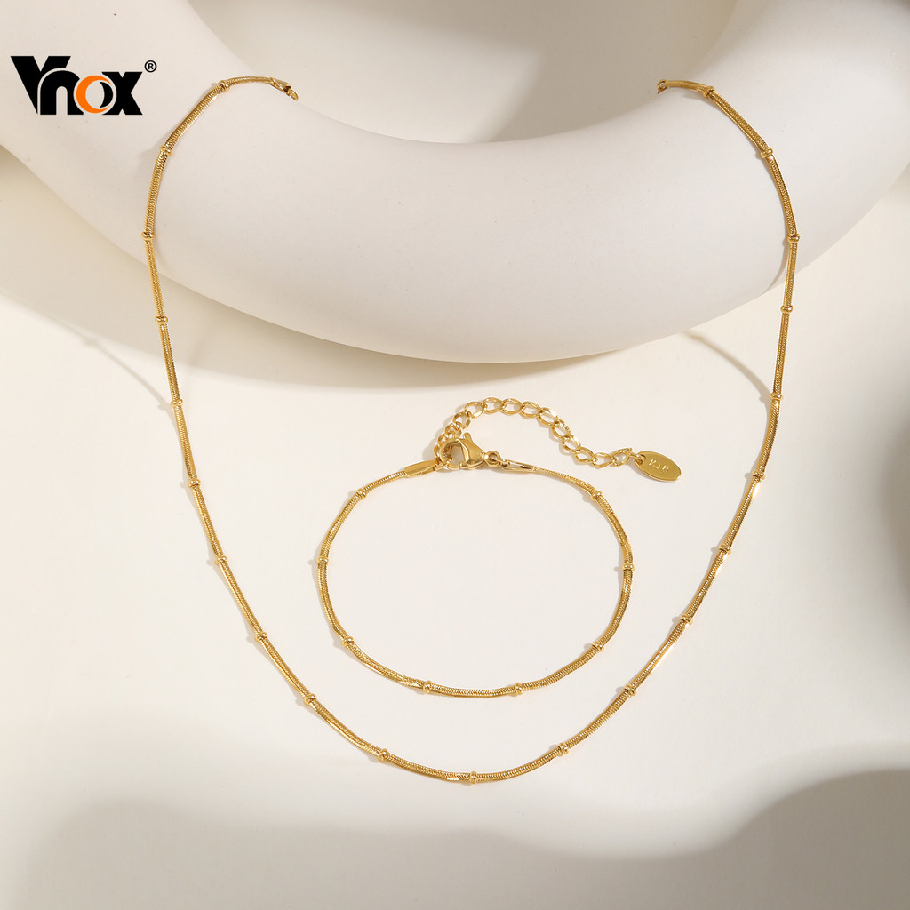 Vnox ลูกปัดแบนสร้อยข้อมือโซ่งูชุดสร้อยคอสําหรับผู้หญิง,18K Gold สแตนเลส Non Tarnish Link Chain,ชุดเครื่องประดับแฟชั่น