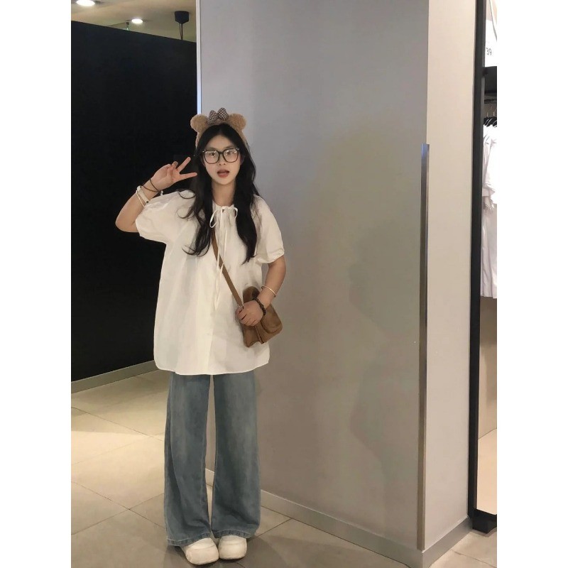 Eileen สีทึบ ผูกขึ้น หลวม แขนสั้น เสื้อเชิ้ต สไตล์ใหม่