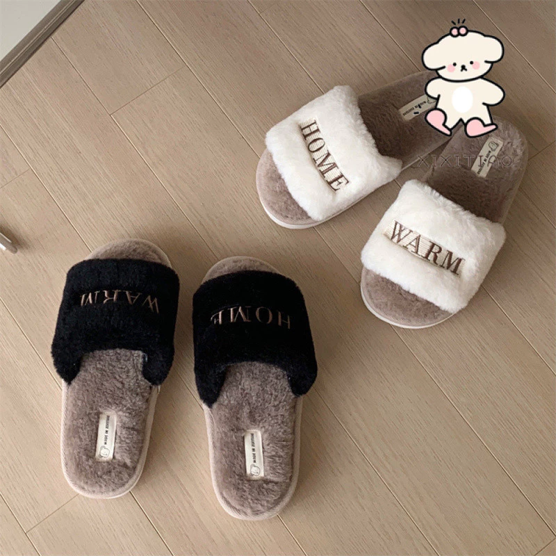 Xixtiao รองเท้าแตะผู้หญิงในร่มกลางแจ้งสวมใส่ Plush Keep Warm One-word Creative เย็บปักถักร้อย Soft Sole