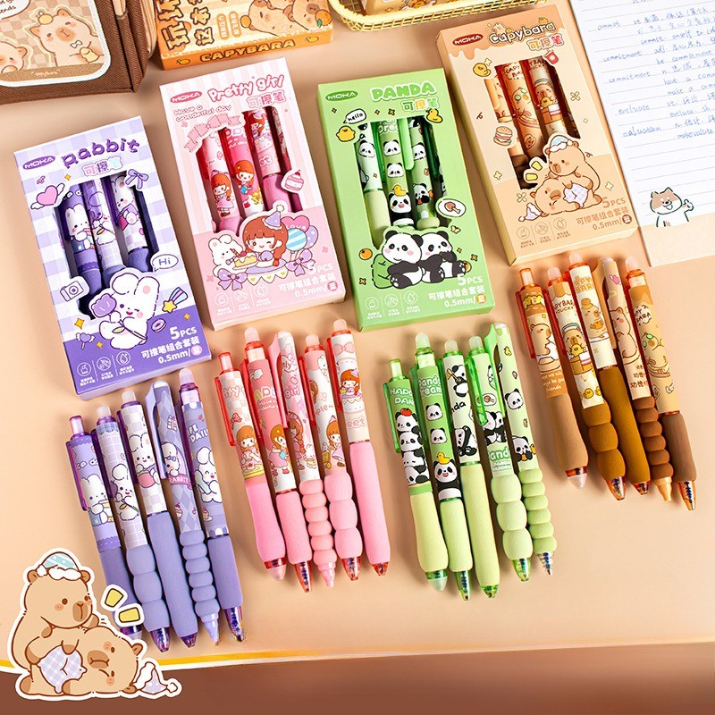 5ชิ้นที่แตกต่างกัน คาปิบาระ ปากกาเจลชุดการ์ตูนหมึกสีฟ้าปากกาน่ารักนักเรียนเครื่องเขียน