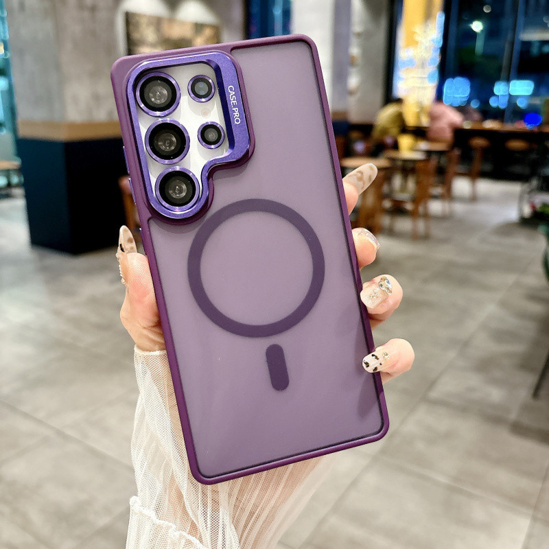 สำหรับ Samsung S25 Ultra S25 Plus S24 Ultra Plus เคสที่เป็นมิตรต่อผิว โลหะด้าน กลวง ขายึดเลนส์ เคสแม่เหล็ก ป้องกันเลนส์แก้ว โปร่งแสง แข็ง ป้องกันการกระแทก