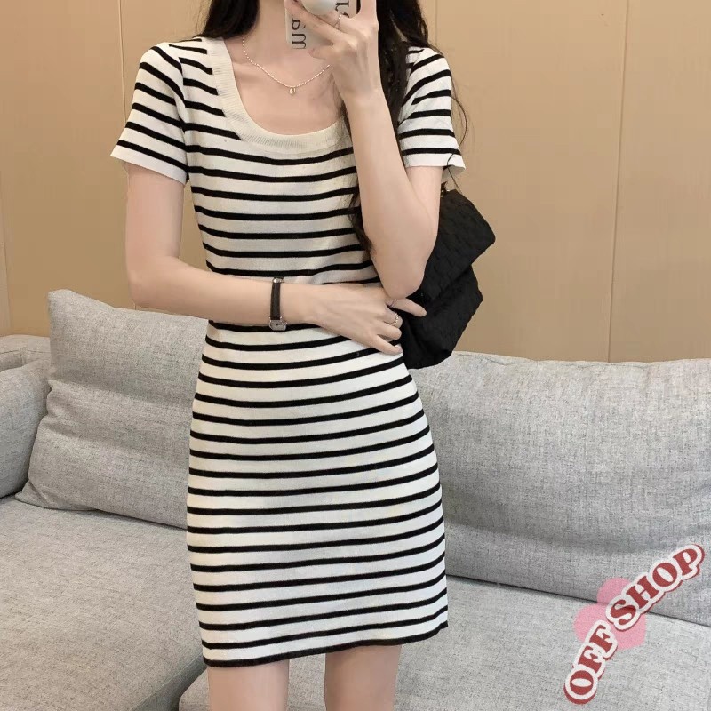 OFF SHOP 🥻 ชุดคลุมท้อง ชุดเดรสไหมพรมแขนสั้น ดีเทลายทางคอกลมน่ารัก (88617)-C - รูปที่ 6