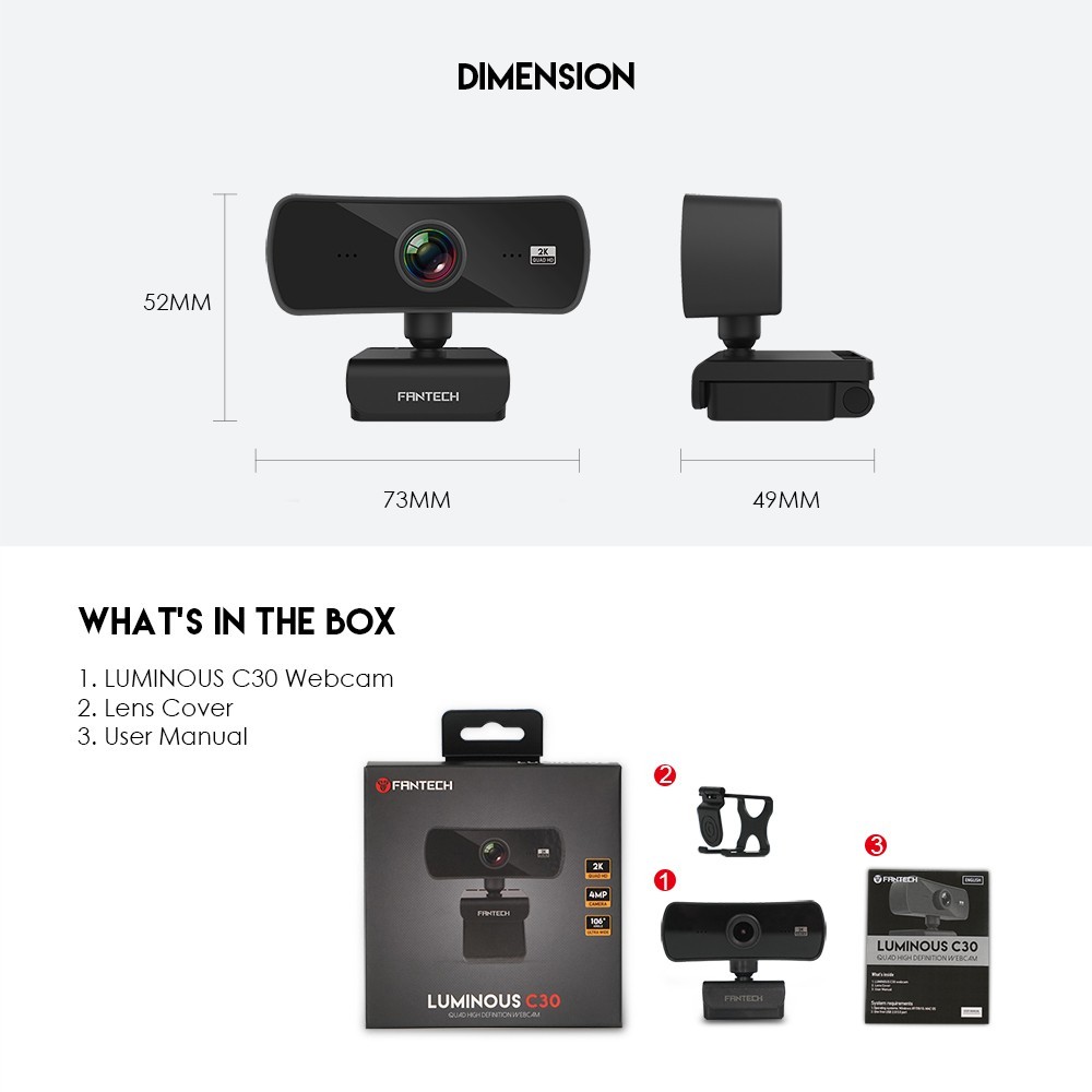 FANTECH WEBCAM LUMINOUS C30 1440P 2K QUAD HD USB Web Camera Webcam With Built-In Microphone