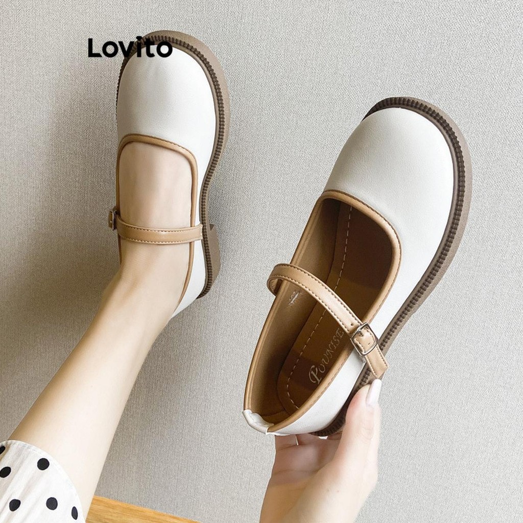 Lovito รองเท้าแมรี่เจนผู้หญิง ทรงบัลเล่ต์ แต่งหัวเข็มขัด สีเรียบ สไตล์น่ารัก LFA22003
