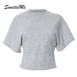 ขนมหวาน ท็อปส์ซูของผู้หญิง 2025 สไตล์ใหม่สีทึบ แขนสั้น เสื้อ…