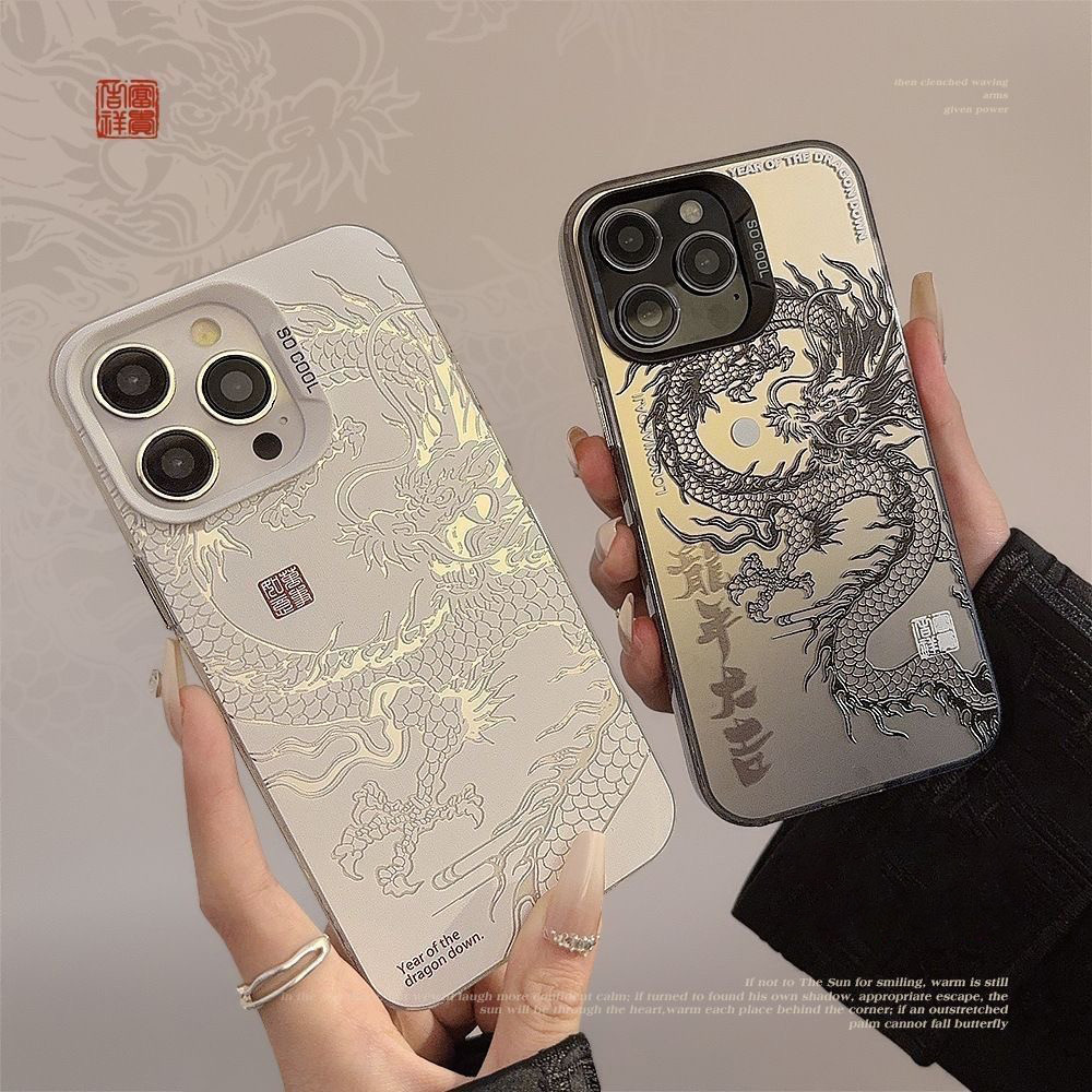 🔥POPPA🔥ส่งจากไทย สีดำหรูหราซิลิโคนแข็งกรณีโทรศัพท์  มังกรจีน for IPhone 13 15 7Plus 14 12 11 Pro MAX 7Plus X XR XS 16