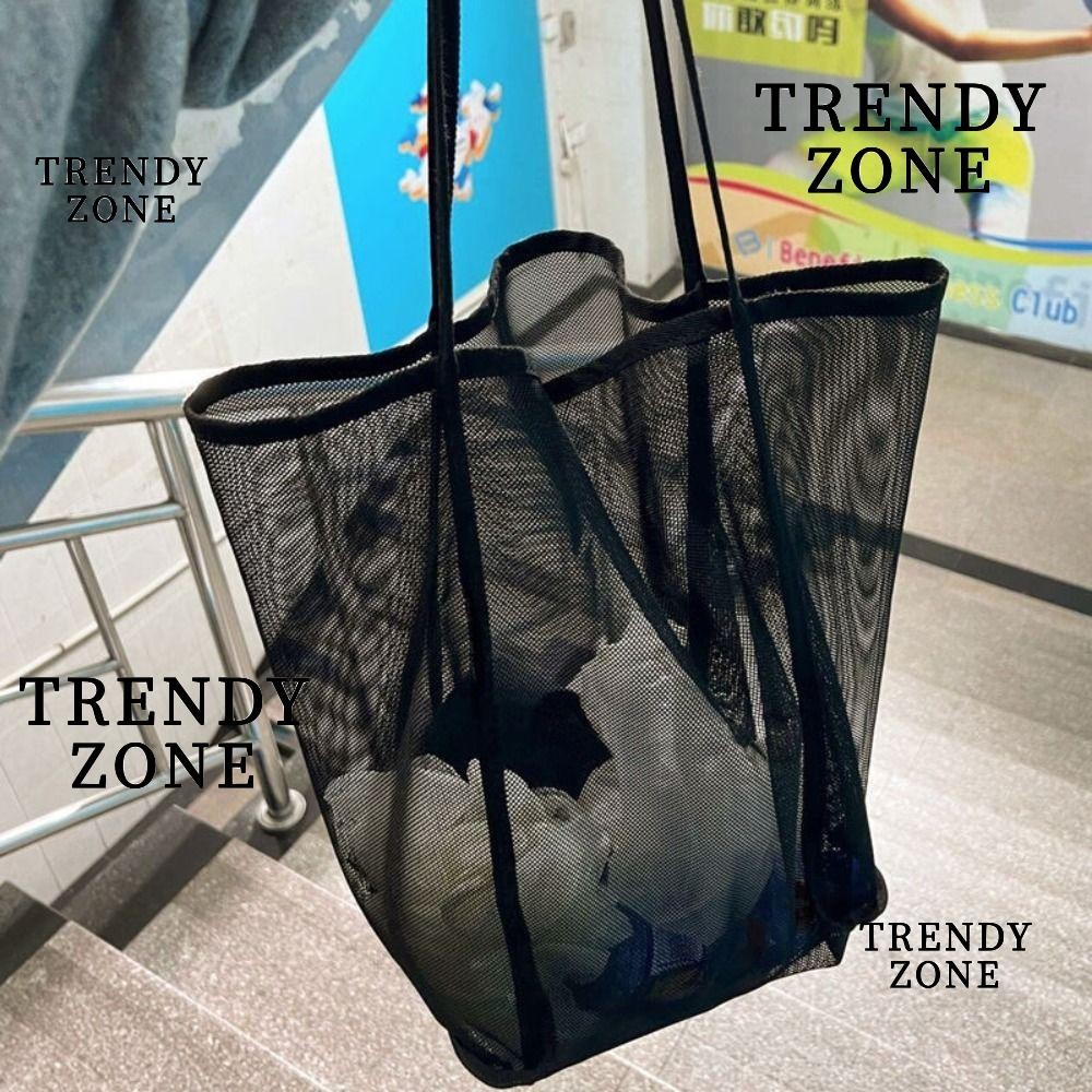 Trendyzone กระเป๋าถือ, กระเป๋าสะพายตาข่ายน้ําหนักเบาความจุขนาดใหญ่, กระเป๋าตาข่ายชายหาดสไตล์ INS โปร่งใสแฟชั่น