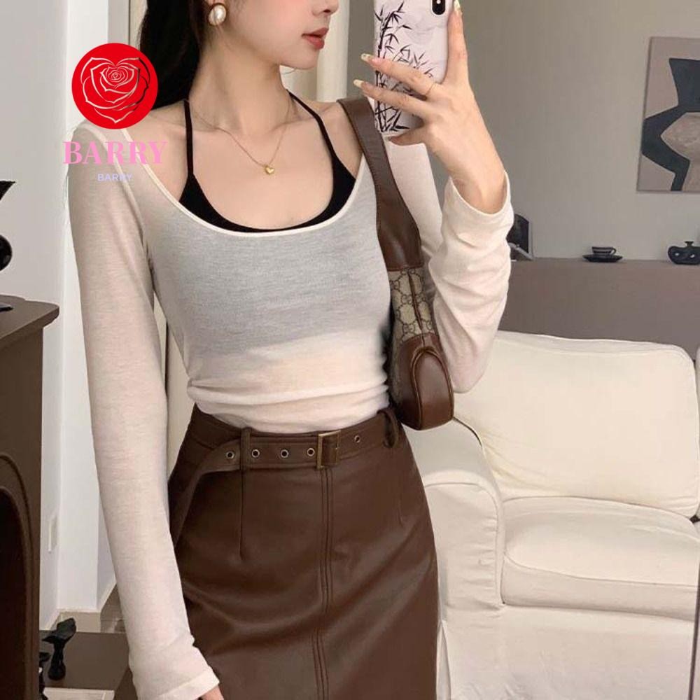 Barry ผู้หญิงแขนยาว T เสื้อ, U คอลูกไม้ผูก Y2k Slim คอแขวน Tank Top, Casual ครีมกันแดด Camisole Thin