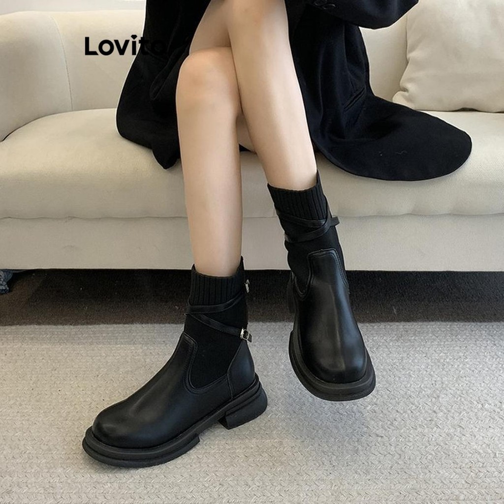 Lovito รองเท้าบู๊ทมาร์ตินพื้นหนาสไตล์อังกฤษสุดคลาสสิกสำหรับผู้หญิง LFA55347