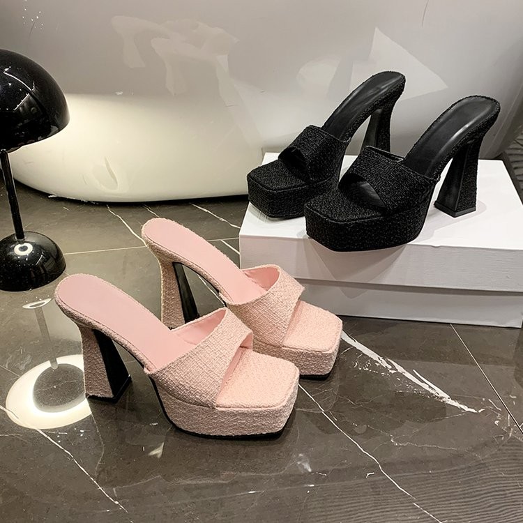 รองเท้าส้นสูงผู้หญิงไซส์ใหญ่พื้นหนาส้นหนายางเหยียบ size34-42