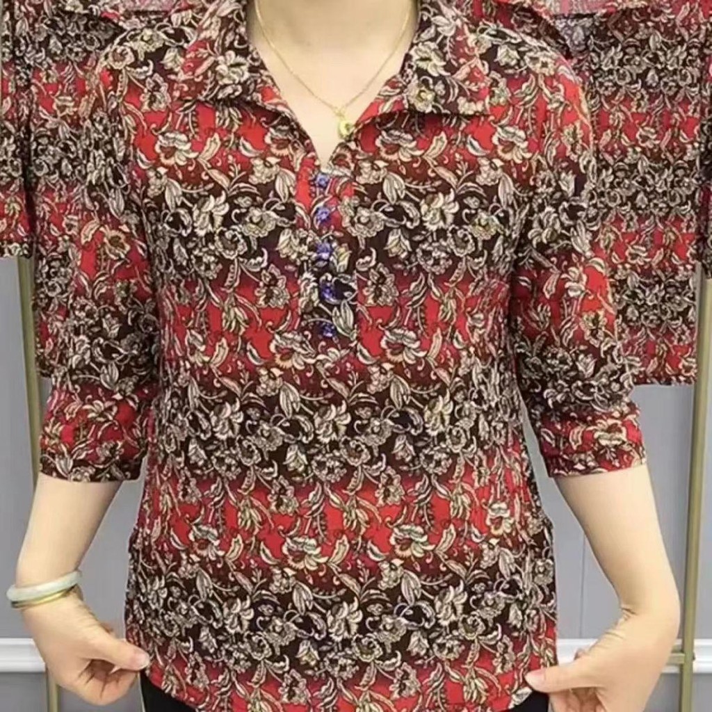 ฤดูใบไม้ผลิฤดูร้อนสื่อสารคอวีปุ่มหญิงเสื้อผ้าสไตล์หลวม มิดิ เสื้อวินเทจพิมพ์สบายๆ3/4แขนเสื้อ