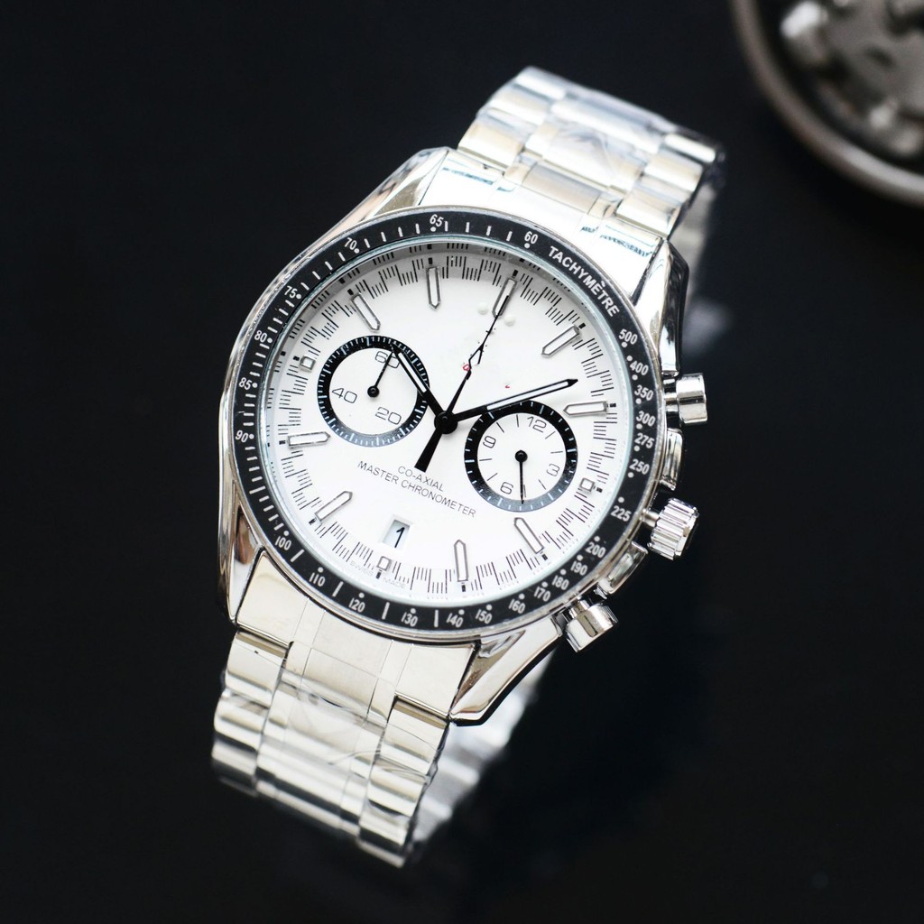Om Racing Style นาฬิกาผู้ชาย Quartz Chronograph สายเหล็กแข็งซ่อนมือสอง