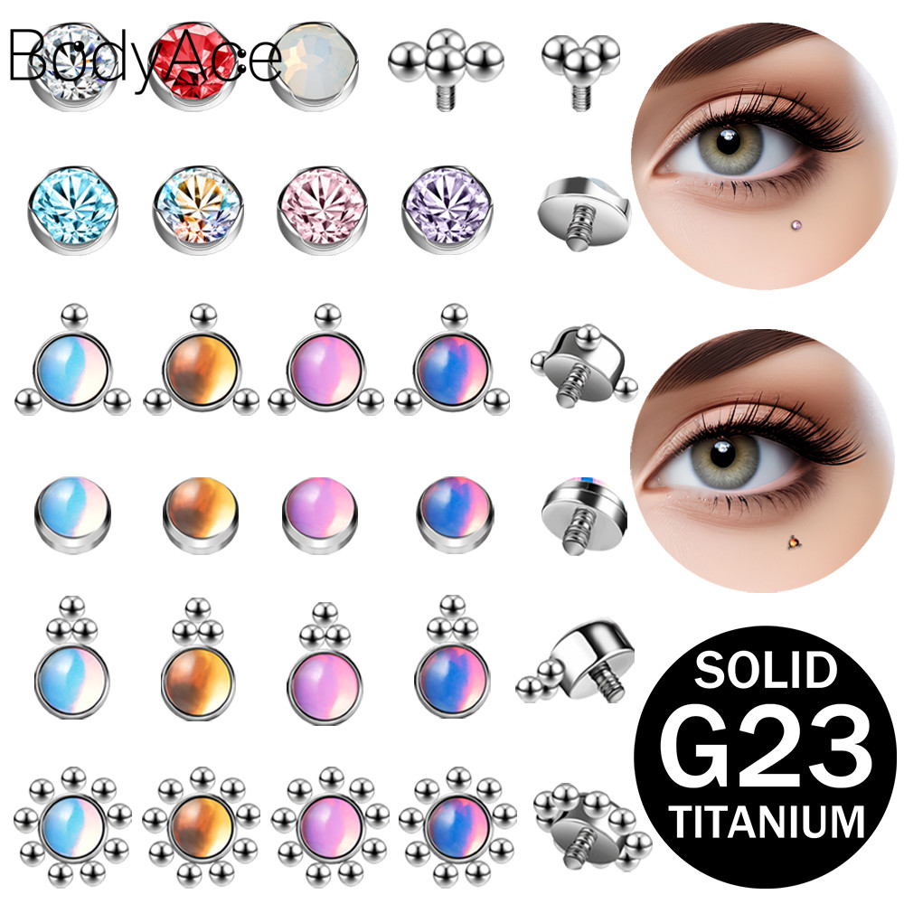 Bodyace 3 ชิ้น 14 กรัม G23 ไทเทเนียม Micro Dermal เจาะ Star Moon Dermal Anchor พื้นผิวเจาะคริสตัลผิว Diver เจาะ