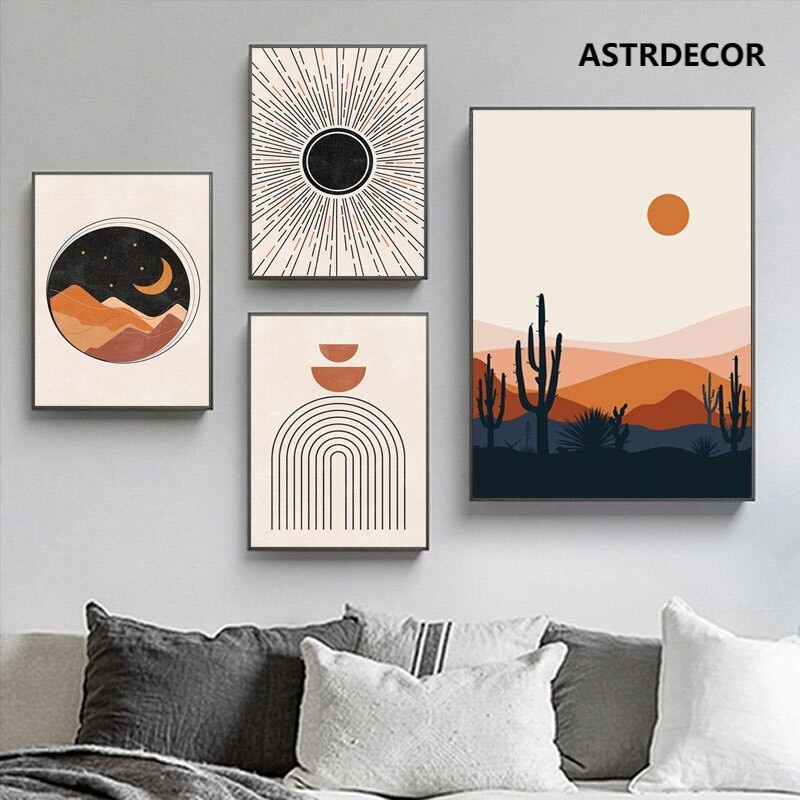 โปสเตอร์ภาพวาดผ้าใบลายดวงจันทร์และดวงจันทร์สีรุ้งสําหรับติดตกแต่งผนังห้องนั่งเล่น