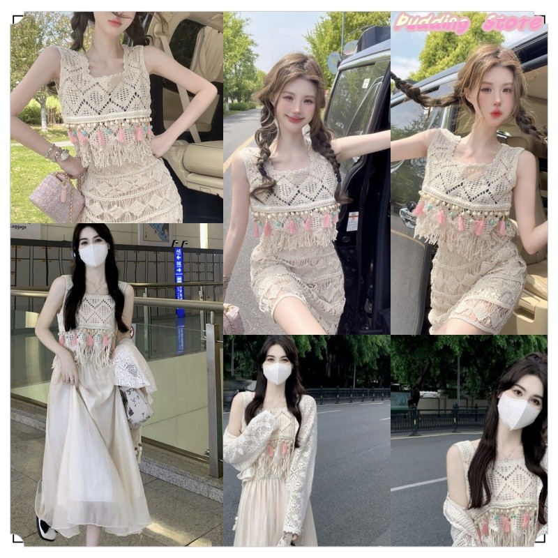Pudding Store~'พร้อมส่ง' crop top Hollowed Out พู่ Hook ดอกไม้ Bohemian Vest-CX00827