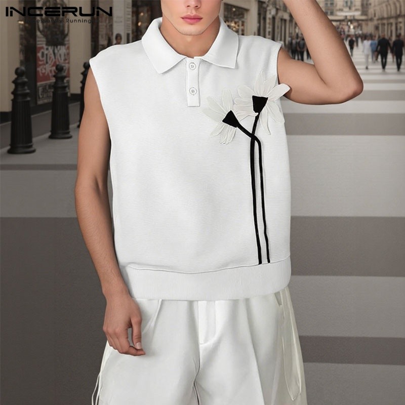Incerun ผู้ชายเกาหลีแฟชั่น Lapel 3D ดอกไม้ตกแต่งเสื้อแขนกุดครึ่งกระดุม