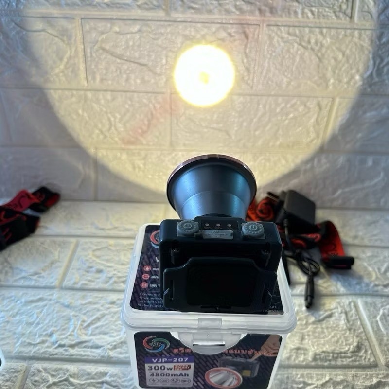 ไฟฉายคาดหัว LED 300W VJP207 ไฟฉายแรงสูง  ไฟส่องกบ (แสงขาว, แสงวอร์ม) สวิตซ์เปิดปิดแบบสัมผัส