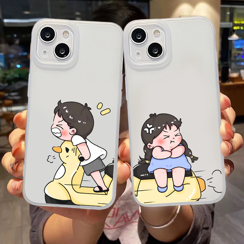 เคสโทรศัพท์คู่รัก For IPhone 16 11 15 13 14 12 Pro Max 14 7 Plus X XR XSMAX เคสโทรศัพท์ใสขุ่นลายคู่รักมอเตอร์ไซค์รูปเป็ด