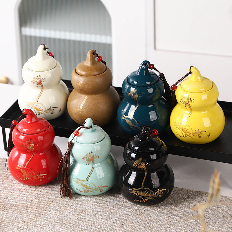 Gourd แคดดี้ชาเซรามิค Lotus Sealed Moisture-Proof ผงกลิ่นหอมแคดดี้เก็บครีมแคดดี้ Fire-Proof Dragon Retro เดสก์ท็อปตกแต่ง