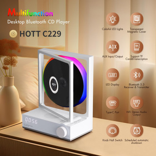 HOTT C229 Retro HIFI CD Player Two-way Bluetooth RGB Dazzling Colour Light Effect Rechargeable Music Player Built-in Speaker TF Card Input