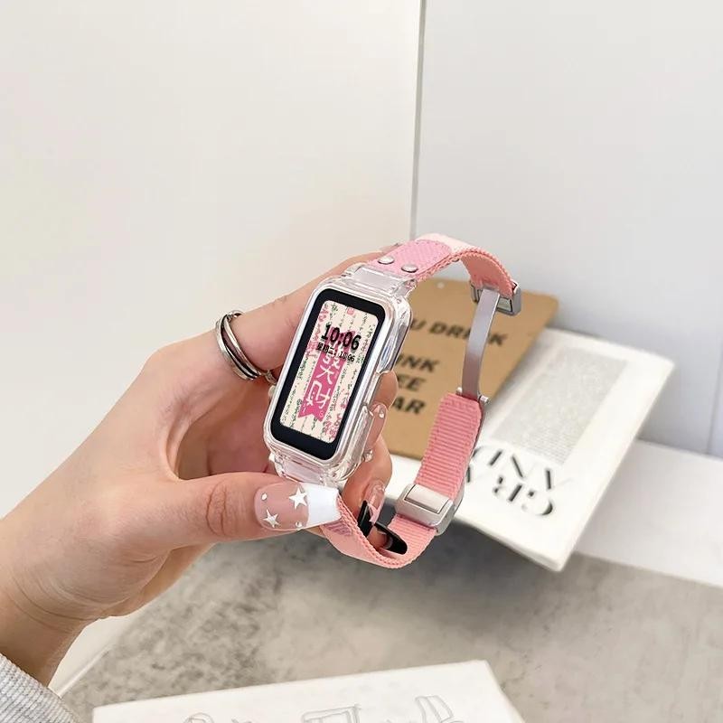 สายนาฬิกาข้อมือไนล่อน พร้อมเคสแม่เหล็ก แบบเปลี่ยน สําหรับ Huawei Band 9 8 Huawei Band 7 6