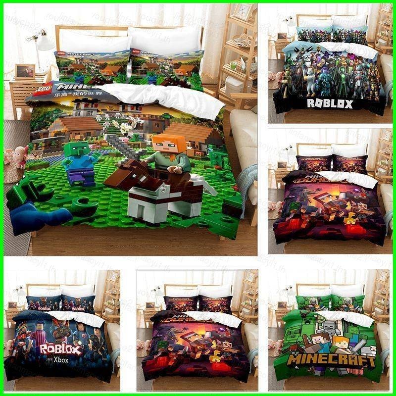 Minecraft Roblox 2 IN 1 ชุดเครื่องนอน ผ้าปูที่นอน ปลอกผ้านวม ปลอกหมอน สบาย ซักทําความสะอาดได้ สําหรับเด็ก บ้าน ห้องนอน