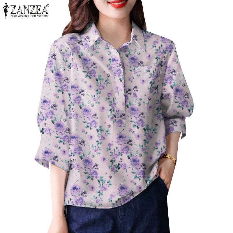 Zanzea เสื้อเชิ้ตแขนพัฟ พิมพ์ลาย สไตล์เกาหลี สําหรับผู้หญิง